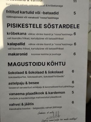 Menu at Söstar Köök & Baar in Kuressaare