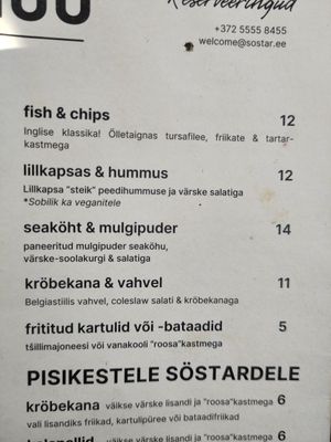 Menu at Söstar Köök & Baar in Kuressaare