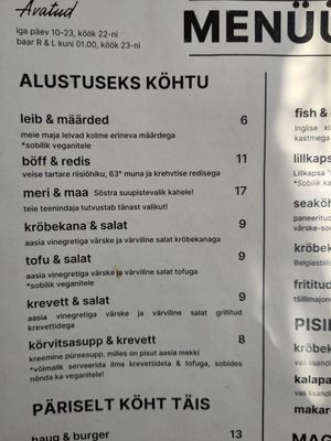 Menu at Söstar Köök & Baar in Kuressaare