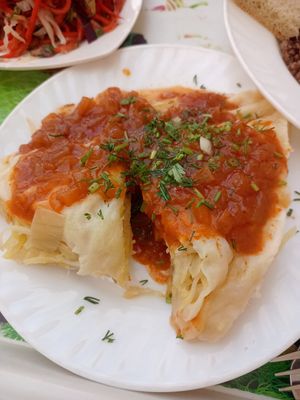 Dough potatoes thing with tomato sauce at B Blok - Tashkent University of Information Technologies in Tashkent