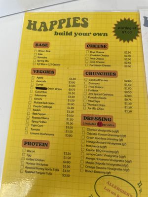 Build your own bowl menu  at Happies in Grimsby