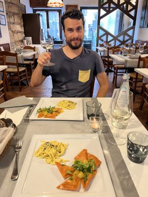 Carbonara, ravioli, and Prosecco   at La Lanterna in Verona