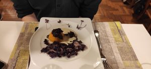 Flan di zucca su crema di cavolfiori e dragoncello con radicchio brasato e cavolo cappuccio allo scalogno at La Lanterna in Verona