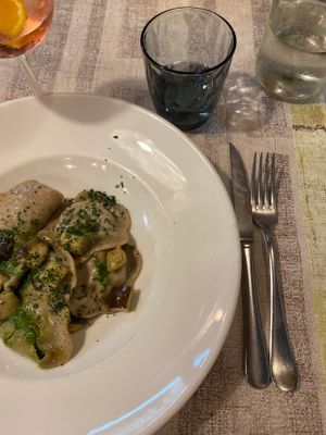 Vegan eggplant ravioli with ruccola pesto  at La Lanterna in Verona