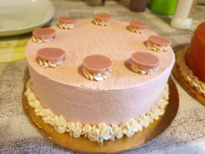 Pink cake with red currents, white chocolate and pine seeds at La Lanterna in Verona