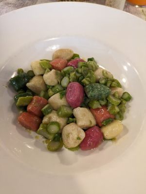 COLORFUL GNOCCHI WITH ASPARAGUS AND MINT ON ALMOND CREAM  at La Lanterna in Verona
