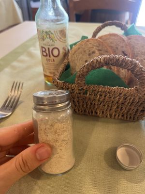 Bread and “cheese” (possibly nutritional yeast?)   at La Lanterna in Verona