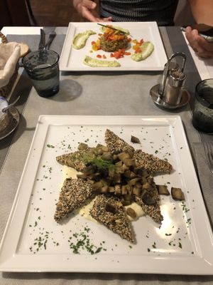 Crusted Tofu and mung beans  at La Lanterna in Verona