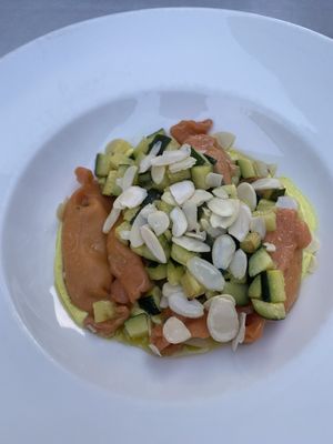 Caramelle, courgette and tumeric cream  at La Lanterna in Verona