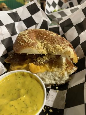 Pretzel “Bacon” Melt (it was a special)  at Vegan Circus  - Pop Up in Grass Valley