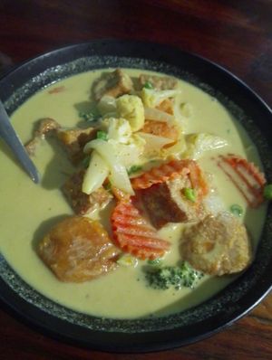 Yellow curry with veggies and tofu, vegan option at The Early Bird & The Sweet Basil in Maitland