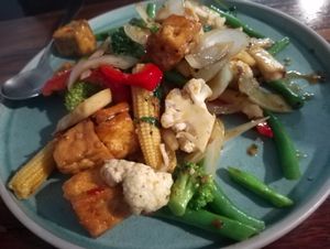 Chilli basil stir-fry with veggies and tofu, vegan option at The Early Bird & The Sweet Basil in Maitland