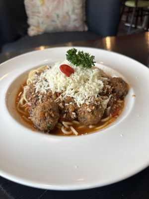 Meatballs and pasta (contains onions)  at Vegan Heaven in Fitzroy