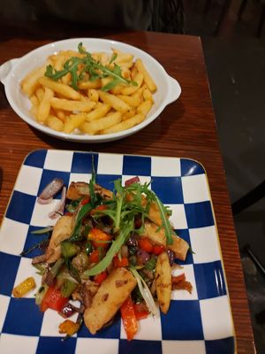 Crispy salt and pepper fish with chips at Vegan Heaven in Fitzroy