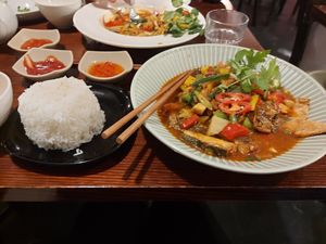 Sweet and sour fish with rice at Vegan Heaven in Fitzroy