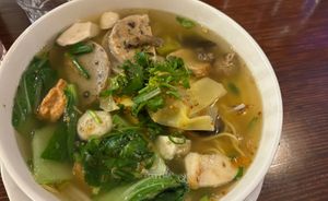 Golden wonton noodle soup. Delicious.  at Vegan Heaven in Fitzroy