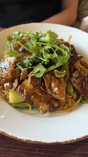 Fried noodles with mock duck  at Vegan Heaven in Fitzroy