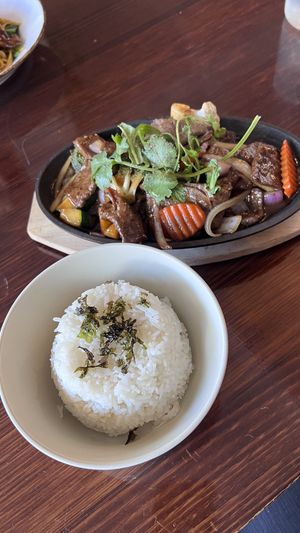 Mongolian beef with rice  at Vegan Heaven in Fitzroy
