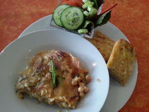 vegan chickpea and courgette lasagne served with salad and garlic bread - £5 - brilliant value, lovely creamy sauce! at Little Phatisserie in Bexhill