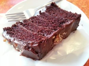 Rich, moist, five-layered vegan chocolate cake. Delicious! at Little Phatisserie in Bexhill