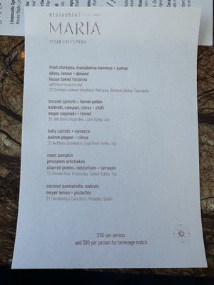 The menu  at Maria in Hobart