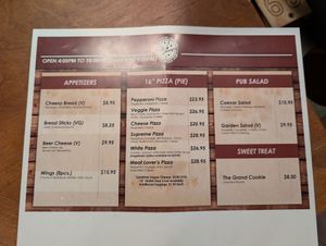 Food menu at Maswik Pizza Pub  in Grand Canyon Village