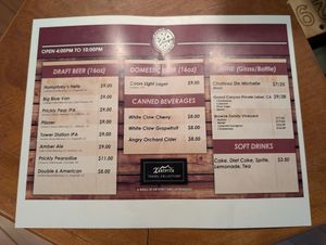 Drinks menu at Maswik Pizza Pub  in Grand Canyon Village