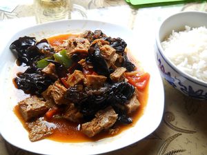 "Fried fungus with frozen tofu" - delicious at Happiness Vegetarian in Kathmandu