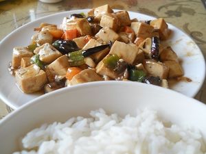 Stir-fried tofu and black mushrooms at Happiness Vegetarian in Kathmandu