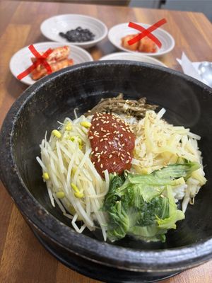 Bibimbap no meat no egg - note the non vegan sides crossed out  at Daereungwon Bonga - 대릉원본가 in Gyeongju