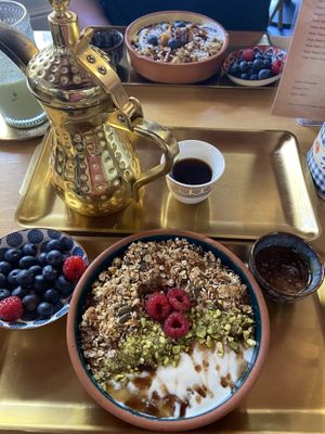 Pistachio yoghurt bowl (coconut yoghurt bowl in background)  at Shako Mako Cafe in Norwich