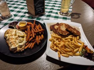 Vegetarian Seitan Schnitzel with with figs and cheese and with mushrooms at Schwaibacher Hof in Bad Birnbach