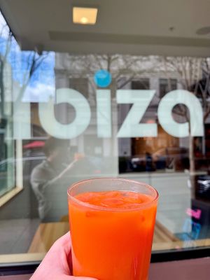 Bunny juice: fresh carrot, orange, ginger juice with lavender  at Ibiza in Santa Cruz