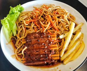 Black pepper noodles slightly salty at Four Seasons Vegetarian in Kuching