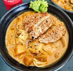 Best selling chicken chop curry noodles, highly recommend at Four Seasons Vegetarian in Kuching