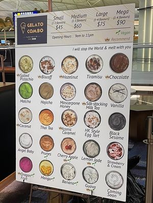 Clearly marked vegan items on the menu. There are small menus by the counter that show if it’s sold out  at HKG - Gelato Combo - T1 in New Territories