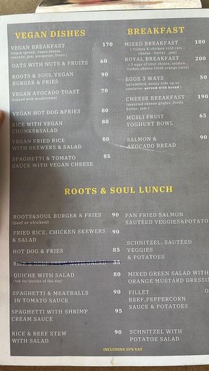 These are old prices. For reference the breakfast is now GHS200 at Roots & Soul Café  in Accra