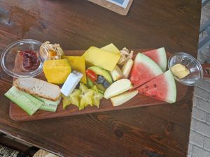 Vegan breakfast comes with bread and great plant based cheeses at Roots & Soul Café  in Accra