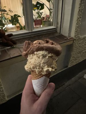 Chocolate sorbet and peanut sorbet.  at Hokey Pokey   in Berlin