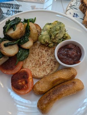 Vegan breakfast, boxty, avocado, potatoes, homemade sauce vegan sausages at The Jackalope Cafe in Leitrim