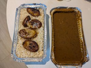 Too good to go meal (Maffé with rice and plantains) at The Jollof Man - Food Stall in East London