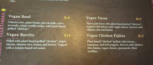 Vegan menu  at Casa Mexico in Orlando