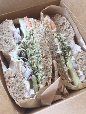Farm to Bagel. Vegan, but you can add salmon if you wish. The probiotic cashew cream cheese and capers are a delicious pairing. at Juice Ranch in Santa Barbara