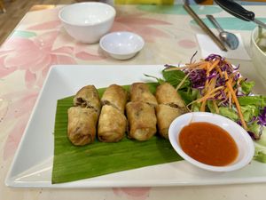 Spring rolls stuffed with mixed taro, sweet potato, mushrooms, mung beans served with sweet & sour sauce #Veganuary at Diệu Tâm 2 in Ho Chi Minh City