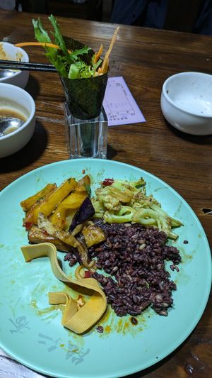 Some of the veggies, rice and bean curd in my  meal, not the best photo! at NénGrén Zhāi Guǎn 能仁斋馆 in Guilin