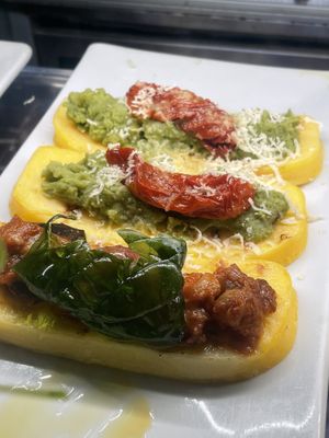 Polenta crema piselli&pomodoro secco, polenta con caponata  at Bacarando in Corte dell'Orso  in Venice