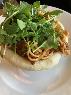 Pasta ragu in a bread bowll  at Dylan's in Conwy