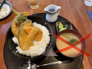 Veg Tendon - Assorted vegetable tempura on rice with picked cucumber at Yuzu in Manchester