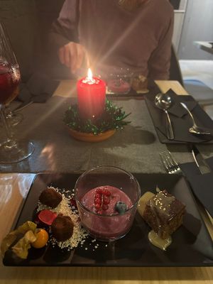 Trio dessert
Truffle with carob
Red fruit puding 
Date cake with caramel tahini  at MEZZE in Granada