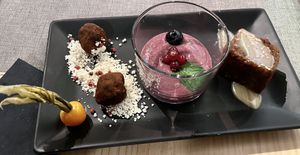 Bizcocho de dátiles, crema de frutos rojos y trufas de almendra. #Veganuary at MEZZE in Granada